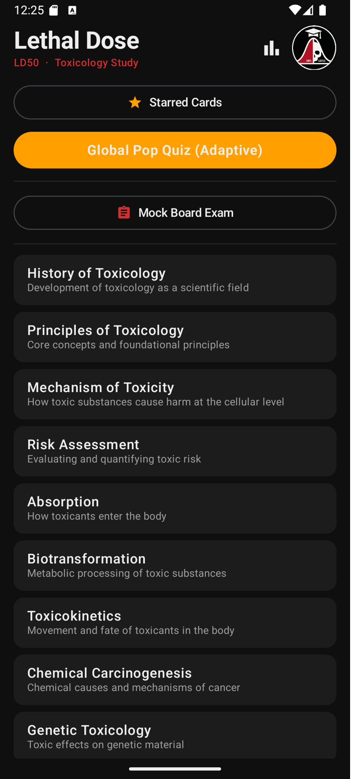 Lethal Dose app home screen showing category list and study tools